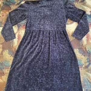 Vintage LL Bean Dress Women's 10 Pet Blue Velour Holly Berry Ivy Modest Holiday